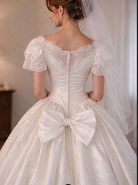 Romantic vintage made in USA  wedding dress with lace bodice and flowing chiffon
